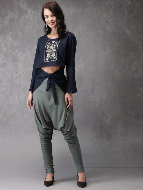 

Anouk Women Navy Blue & Grey Embroidered Top with Dhoti Pants