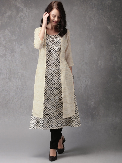 

Anouk Women Cream-Coloured & Black Printed Kurta with Churidar