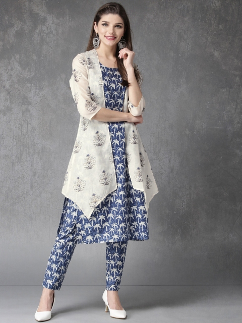 

Anouk Women Blue & Off-White Printed Kurta with Trousers