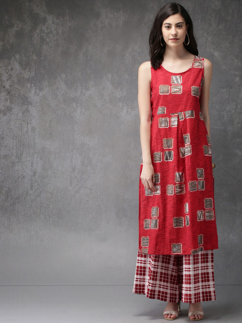 

Anouk Women Red & Off-White Printed Kurta with Palazzos