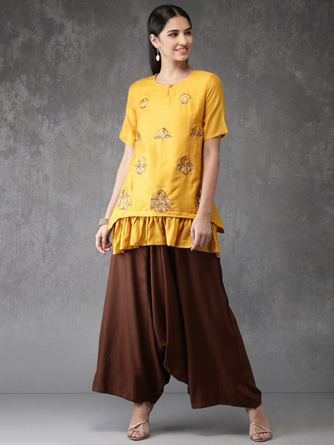 

Anouk Women Mustard Yellow & Brown Embroidered Kurti with Trousers