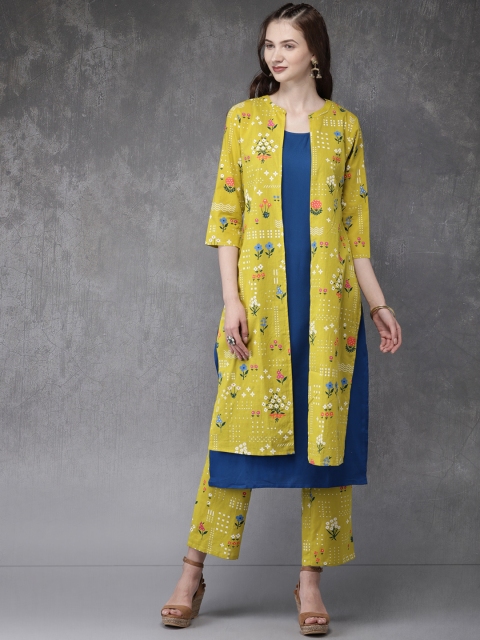 

Anouk Women Lime Green & Blue Printed Layered Kurta with Trousers