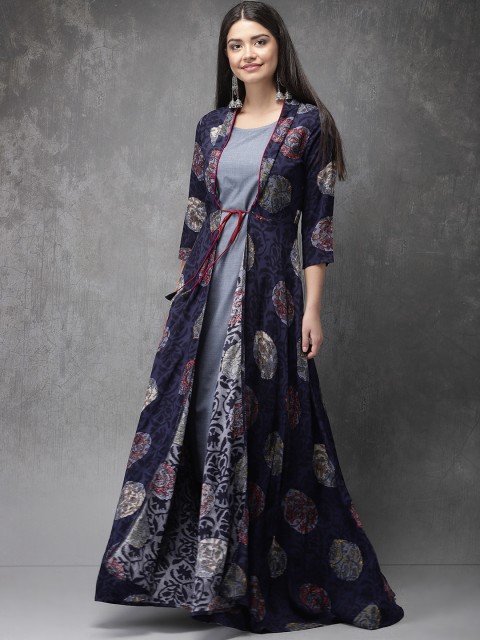 

Anouk Women Navy Blue & Red Printed Kurta withJacket & Palazzos