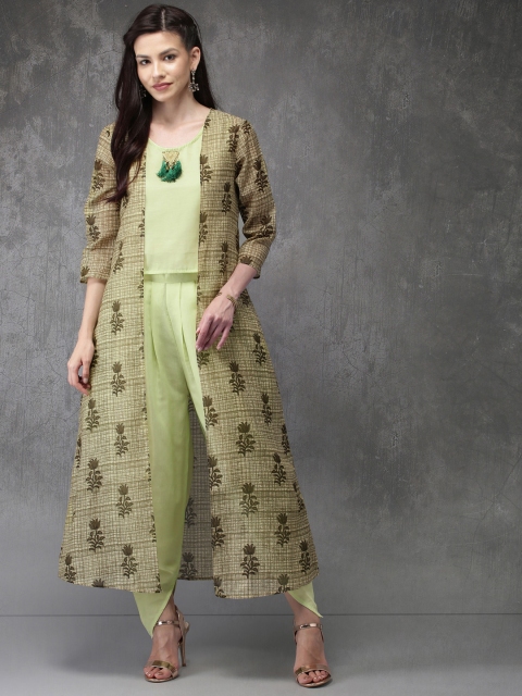 

Anouk Women Green & Beige Solid Top with Dhoti Pants & Jacket