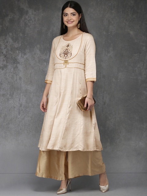 

Anouk Women Off-White & Beige Yoke Design Kurta with Palazzos