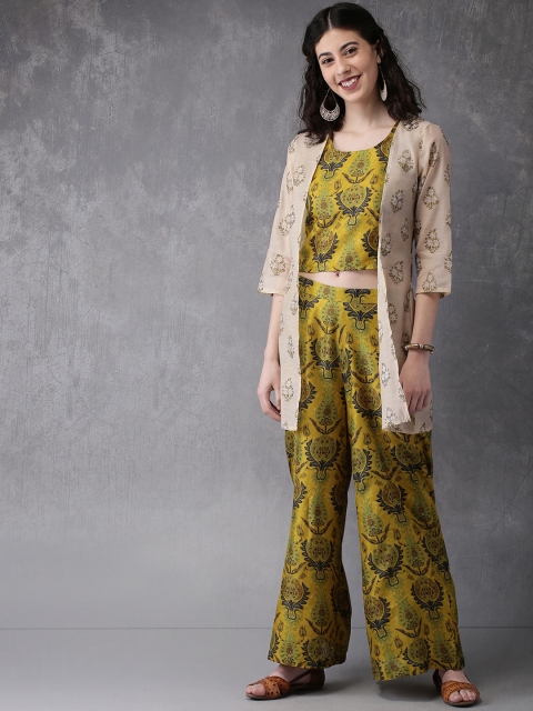

Anouk Women Mustard Yellow & Beige Printed Top with Palazzos & Ethnic Jacket