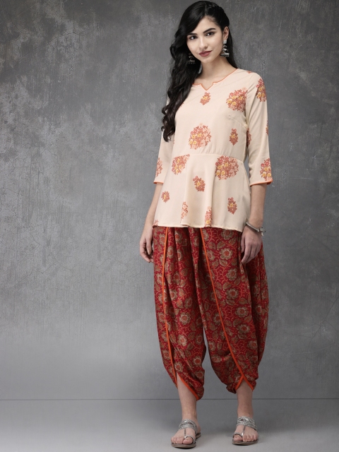 

Anouk Women Cream-Coloured & Red Printed Kurti with Dhoti Pants