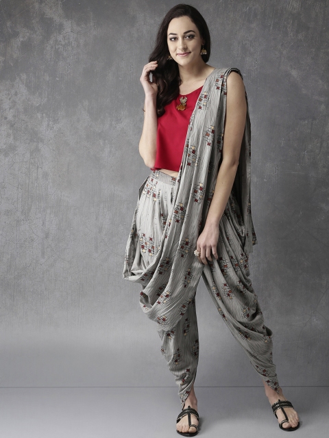 

Anouk Women Maroon & Grey Solid Top with Dhoti Pants & Attached Pallu