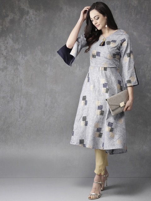 

Anouk Women Blue & Black Printed A-Line Kurta, Navy blue