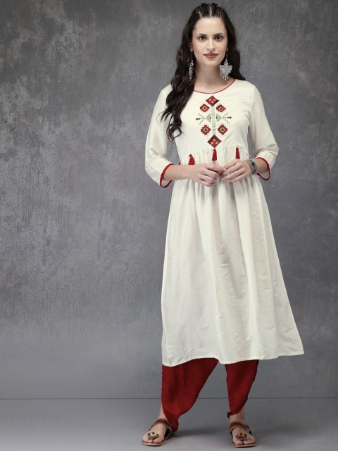 

Anouk Women White Embroidered A-Line Kurta, Coffee brown