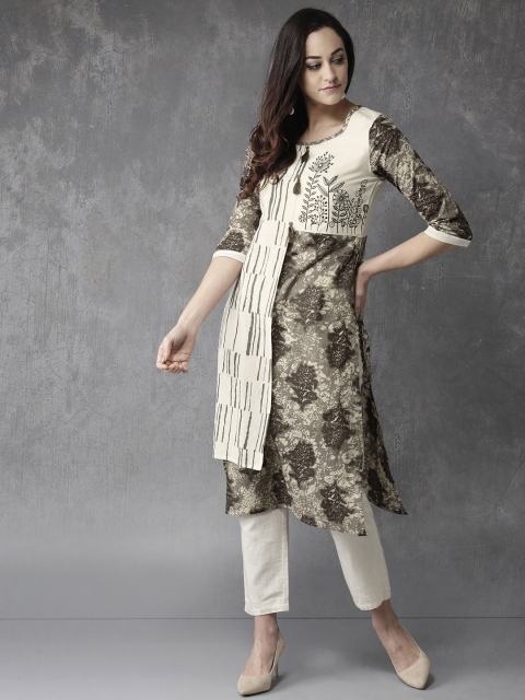 

Anouk Women Olive Brown & Off-White Layered Printed Straight Kurta
