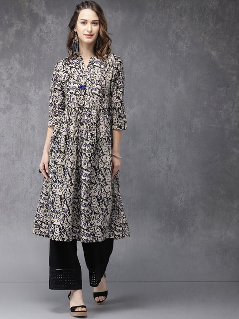 

Anouk Women Black & Beige Printed A-Line Kurta