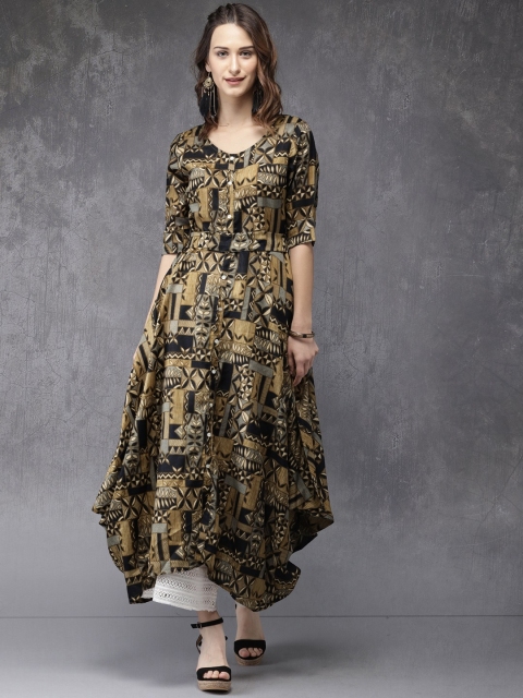 

Anouk Women Beige & Navy Blue Printed Asymmetric A-Line Kurta