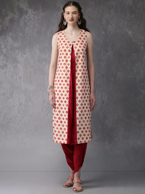 

Anouk Women Cream-Coloured & Red Printed Layered Straight Kurta