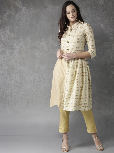 

Anouk Women Beige & Golden Printed A-Line Kurta