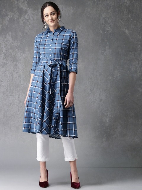 

Anouk Women Blue & White Checked A-Line Kurta