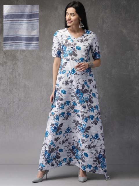 

Anouk Women White & Blue Printed Reversible A-Line Fusion Kurta