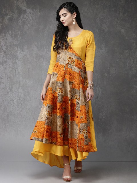

Anouk Women Yellow Printed Asymmetrical Hem A-Line Fusion Kurta