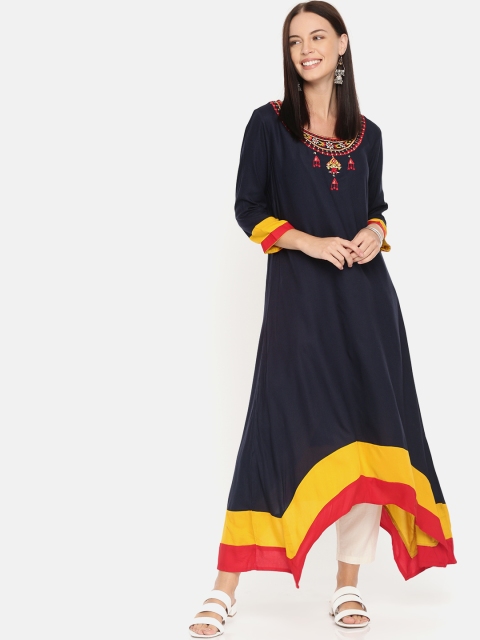 

Anouk Women Navy Blue & Mustard Yellow Embroidered A-Line Kurta
