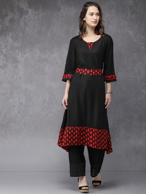

Anouk Women Black Solid Asymmetric Hemline A-Line Kurta