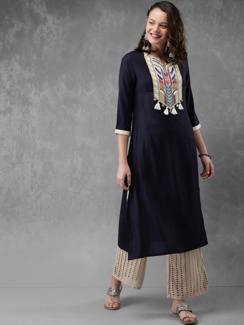 

Anouk Women Navy Blue Yoke Design Straight Kurta