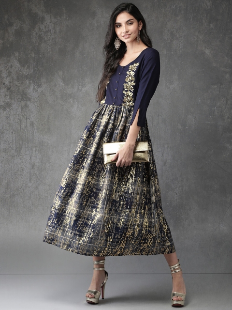 

Anouk Women Navy Blue & Gold-Coloured Printed A-Line Kurta