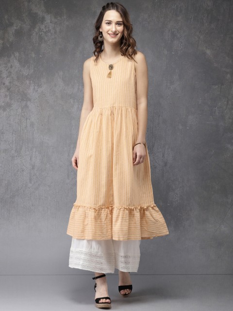 

Anouk Women Off-White & Yellow Striped A-Line Kurta
