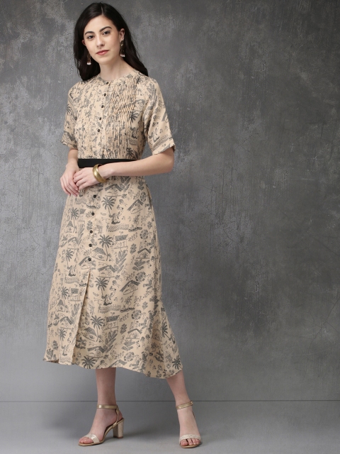 

Anouk Women Beige & Black Printed A-Line Kurta