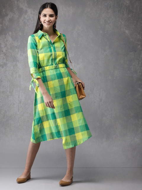 

Anouk Women Green & Yellow Checked Asymmetric A-Line Fusion Kurta