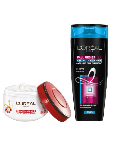 

LOreal Paris Fall Resist Anti-Dandruff & Anti-Hair Fall Shampoo & Repair 5 Hair Masque, White