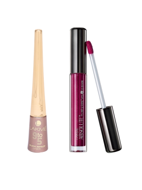 

Lakme Women Set of 9to5 Impact Eyeliner - Black 3.5 ml & Lip Gloss Plumshine 3 ml, Mauve