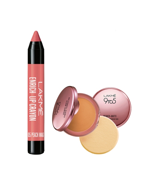 

Lakme Peach Magnet Enrich Lip Crayon & Primer+Matte Honey Dew Powder Foundation Compact, Beige