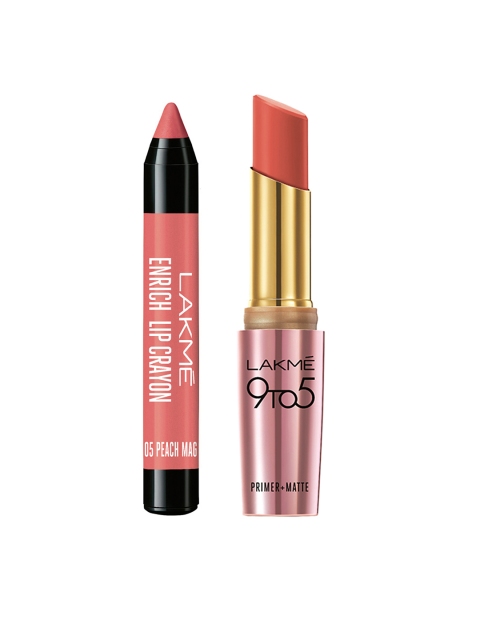 

Lakme Peach Magnet Enrich Lip Crayon & Primer+Matte Coral Date Lip Set Of 2 Lipstick