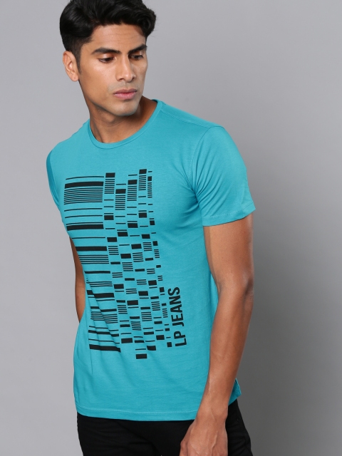 

Louis Philippe Jeans Men Turquoise Blue Printed Round Neck Slim Fit T-shirt