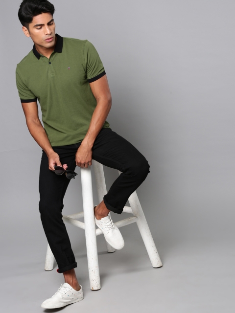 

Louis Philippe Jeans Men Olive Green Solid Polo Collar T-shirt