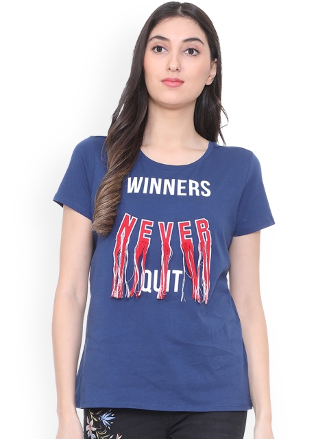 

People Women Blue Printed Round Neck T-shirt