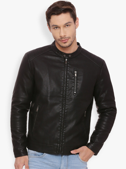 

Basics Men Black Solid Biker Jacket