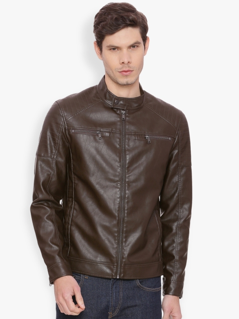 

Basics Men Coffee Brown Solid Biker Jacket