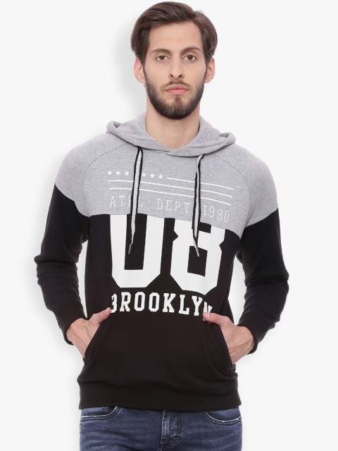 

Basics Men Grey & Black Colourblocked Hooded Pullover