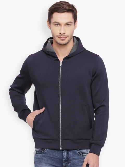 

Basics Men Navy Blue Solid Hooded Bomber