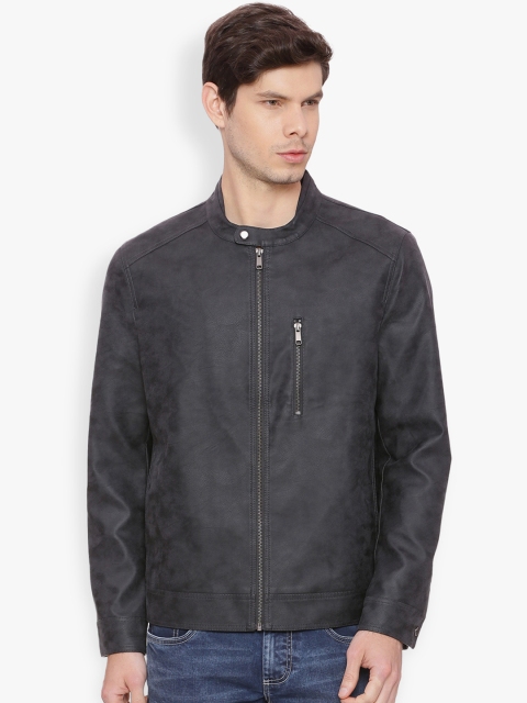 

Basics Men Grey Solid Biker Jacket