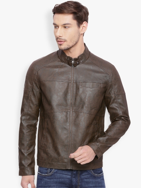 

Basics Men Brown Solid Biker Jacket