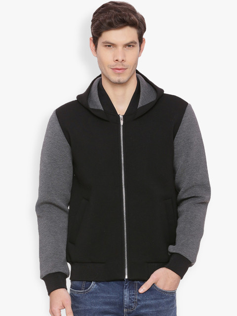 

Basics Men Black & Grey Solid Hooded Bomber