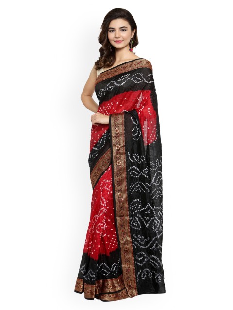

Geroo Jaipur Black & Red Embellished Handloom Bandhani Saree