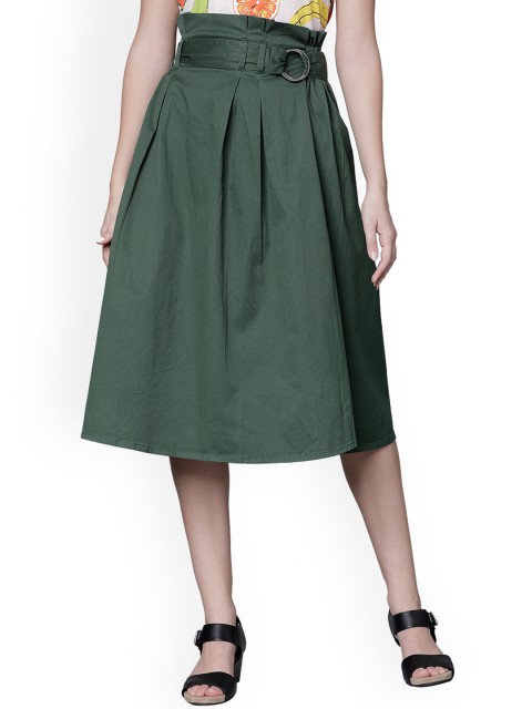 

Tokyo Talkies Women Green Solid Midi Pure Cotton Skirt