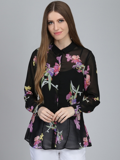 

NIZA Women Black Printed Shirt Style Top
