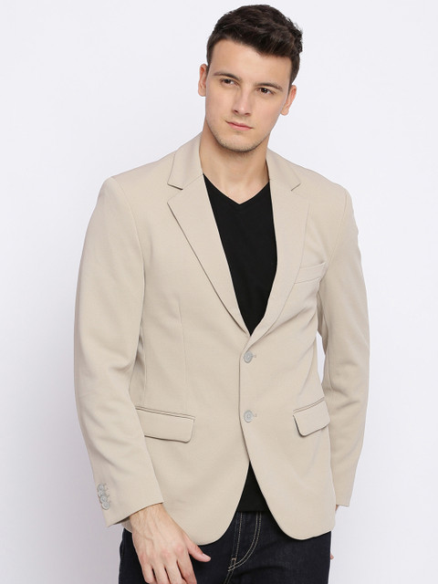 

Basics Men Beige Solid Comfort Fit Single Breasted Casual Blazer