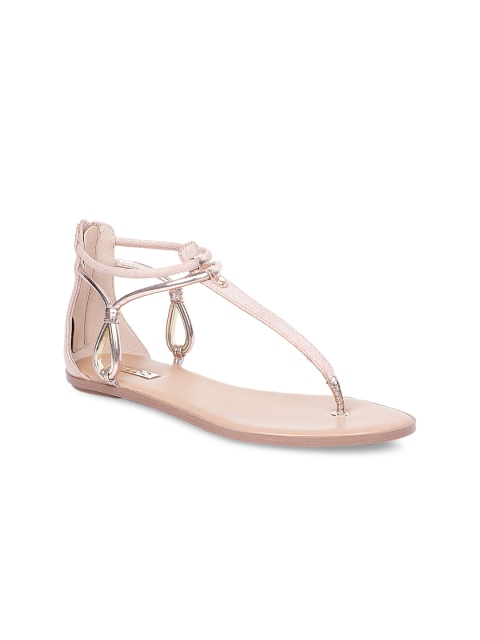

ALDO Women Beige Solid Synthetic Patent T-Strap Flats