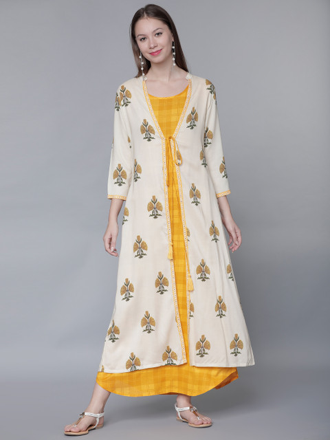 

Vishudh Women Yellow & White Checked A-Line Kurta Dress with Jacket