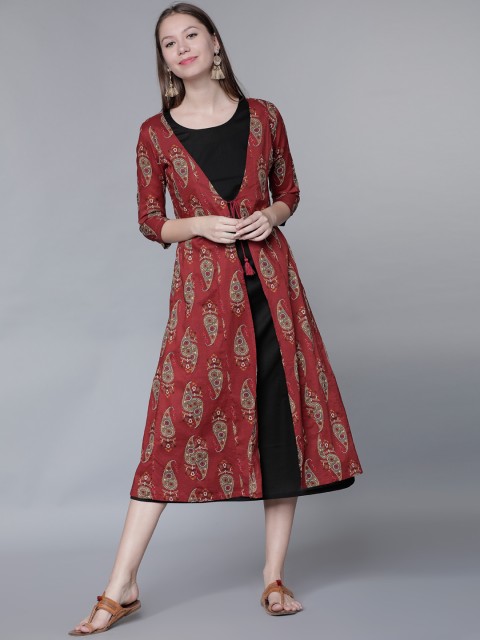 

Vishudh Women Maroon & Black Printed A-Line Kurta Dress with Jacket